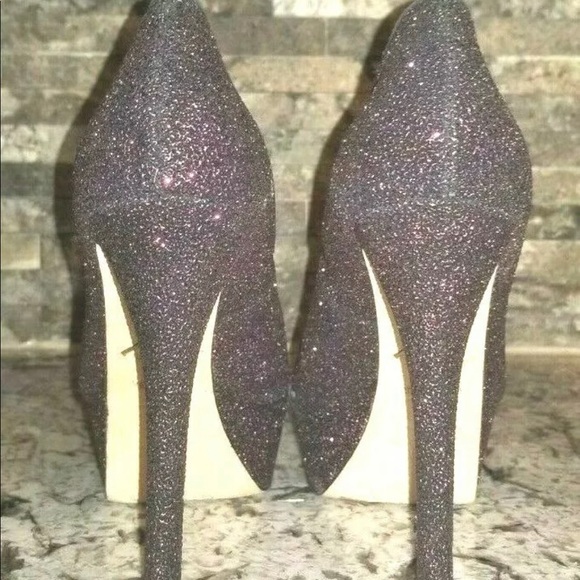 Brian Atwood glitter fuschia black bambola heels 8